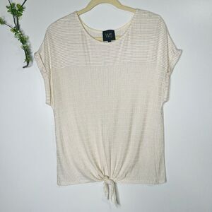 W5 Ivory Gold Stripes Tie Front Muscle Sleeve Tee Shirt